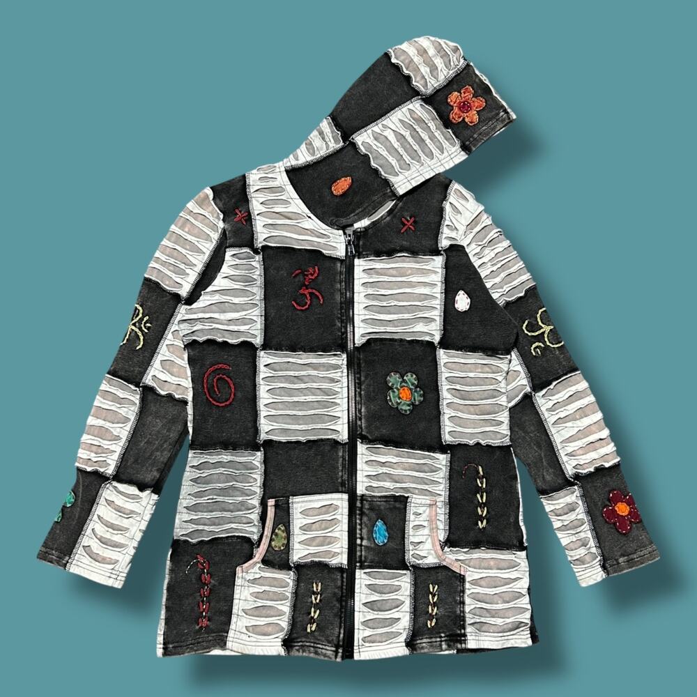 Vintage Hippie Jacket Patchwork Nepal Boho Full Zip Sweatshirt y2k Cotton Black